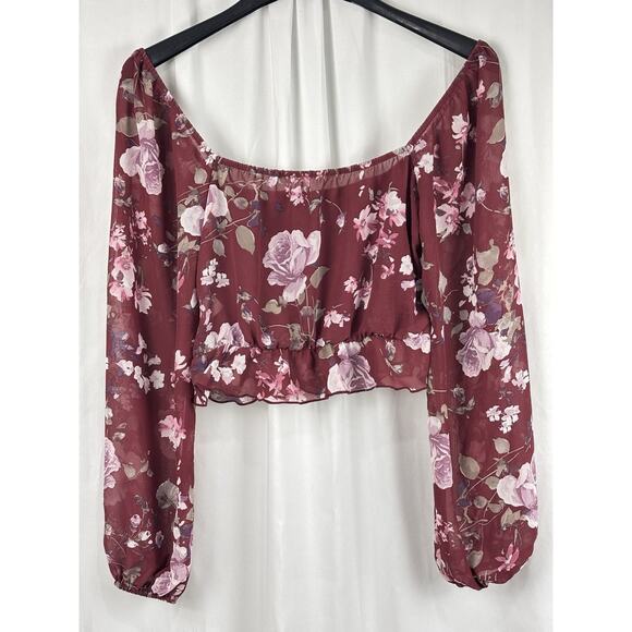 NWT Altar'd State XS Burgundy Floral Long Sleeve Crop Top Milk Maid Cottagecore - Picture 2 of 7